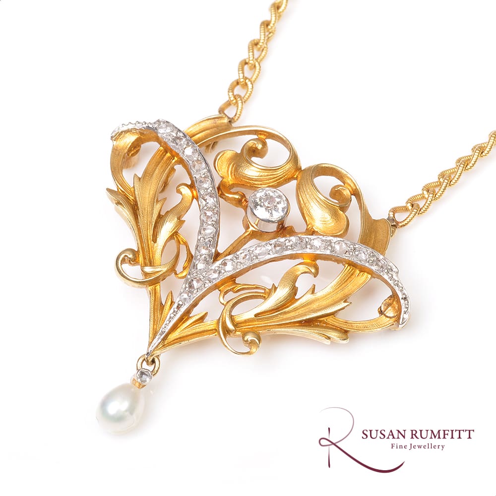 400M A French Art Nouveau Diamond and Pearl Pendant Necklace