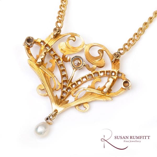 400M A French Art Nouveau Diamond and Pearl Pendant Necklace